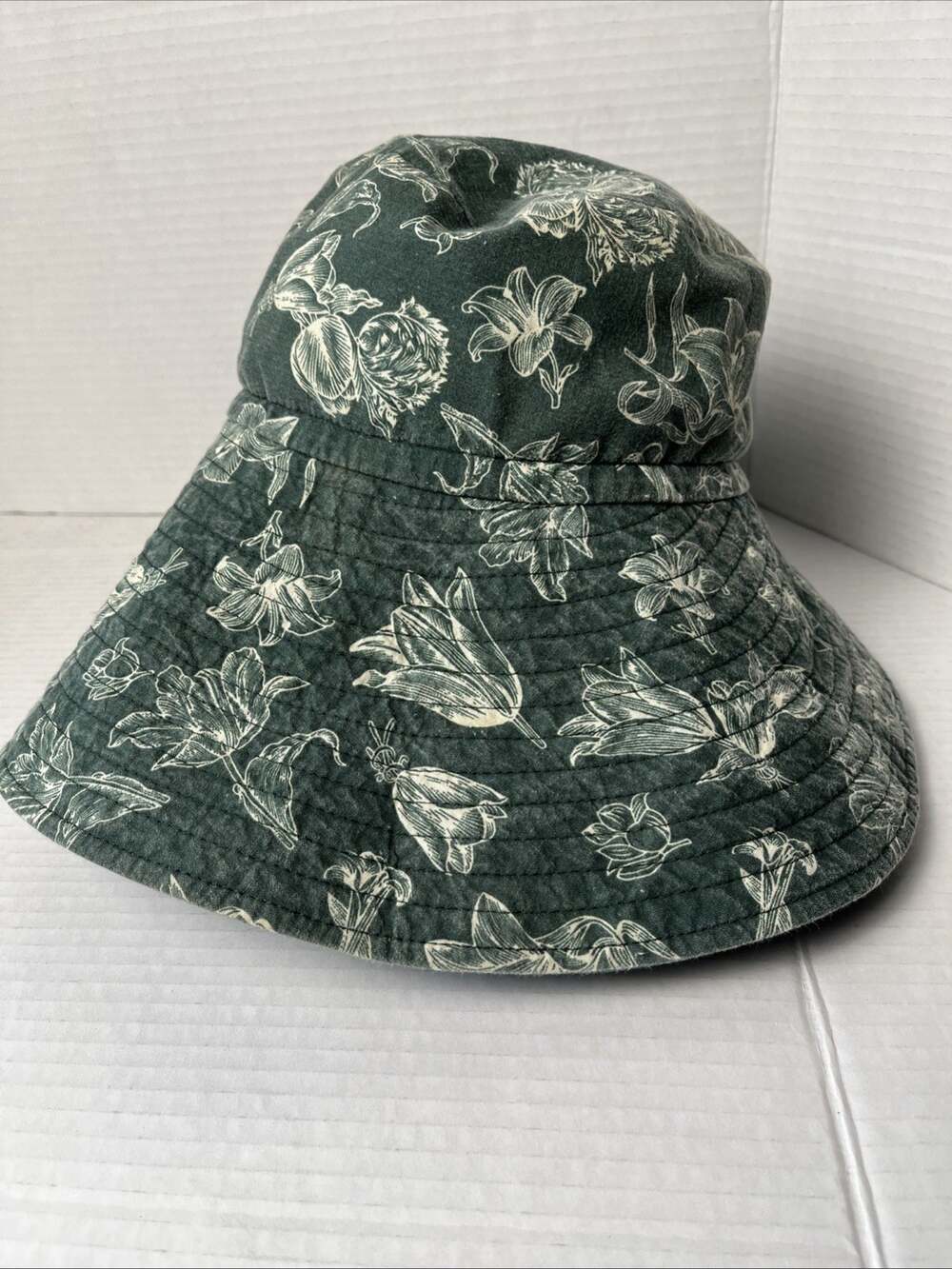 Smith & Hawken Floral Sun Hat Green Cotton Wide Brim Botanical Garden 57cm